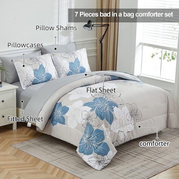 Floral 7-Piece Blue Soft Microfiber Queen Comforter Set Bed in a