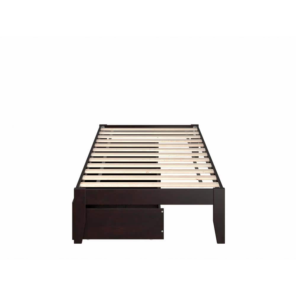 Espresso Twin Wood Platform Bed with 2 Storage Drawers