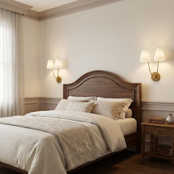 Marina 14.5 in. W x 17.5 in. H 2-Light Burnished Brass Traditional Bathroom Wall Sconce with White Linen Fabric Shades