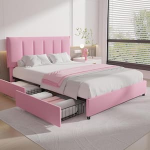 Upholstered Bed Frame Pink Full Metal Frame With 4-Storage Drawers and Adjustable Headboard Platform Bed Frame