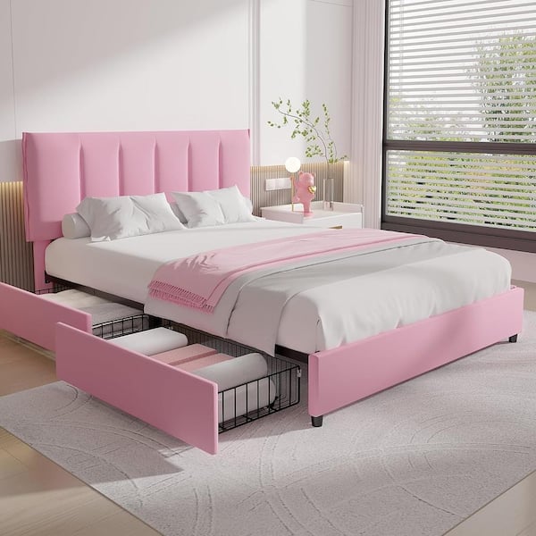 VECELO Upholstered Bed Frame Pink Full Metal Frame With 4-Storage Drawers and Adjustable Headboard Platform Bed Frame