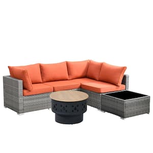 Sanibel Gray 6-Piece Wicker Outdoor Patio Conversation Sofa Set with a Wood-Burning Fire Pit and Orange Red Cushions