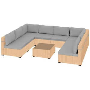 9-Piece Beige Wicker Patio Conversation Set with Light Gray Cushions and Coffee Table