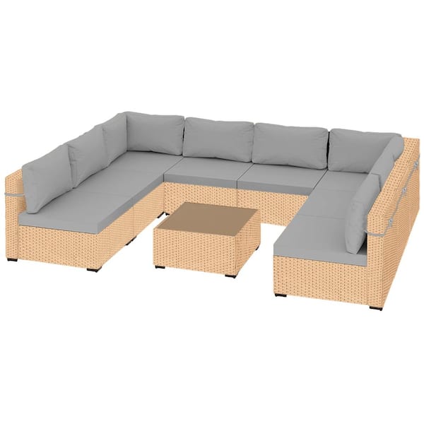 PATIO WATCHER 9-Piece Beige Wicker Patio Conversation Set with Light Gray Cushions and Coffee Table