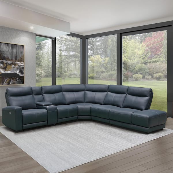 DEVON & CLAIRE Kimbel 382 in. Leather Blue Power Reclining Sectional with Power Headrests