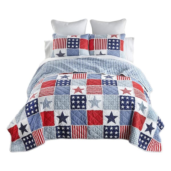 DONNA SHARP Star and Stripe 3PC Red White and Blue Cotton King Quilt Set