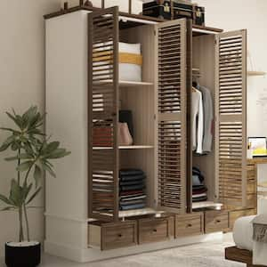 Brown Wood 63 in. W Shutter Doors Armoires Wardrobe with Thick Base, 4-Drawers, Hanging Rod (74.8 in. H x 19.7 in. D)