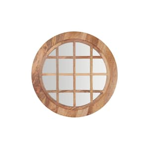 Medium Round Brown Windowpane Natural Wood Finish Classic Accent Mirror (28 in. Diameter)