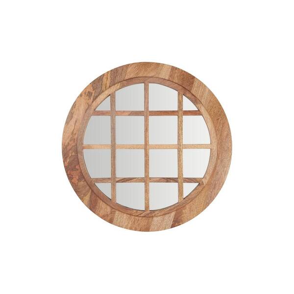 StyleWell Medium Round Brown Windowpane Natural Wood Finish Classic Accent Mirror (28 in. Diameter)