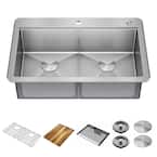 Lorelai 16-Gauge Stainless Steel 33 in. Double Bowl Drop-In Workstation Kitchen Sink with Accessories