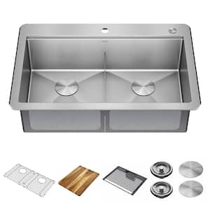 Lorelai 16-Gauge Stainless Steel 33 in. Double Bowl Drop-In Workstation Kitchen Sink with Accessories