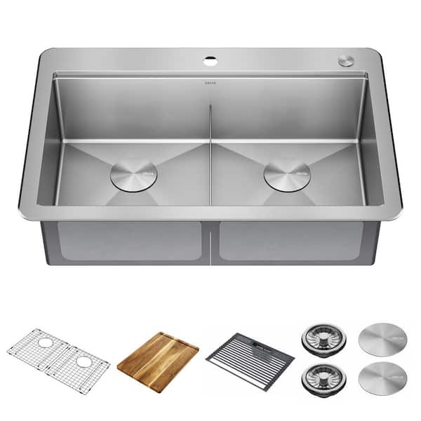 Delta Lorelai 16-Gauge Stainless Steel 33 in. Double Bowl Drop-In Workstation Kitchen Sink with Accessories