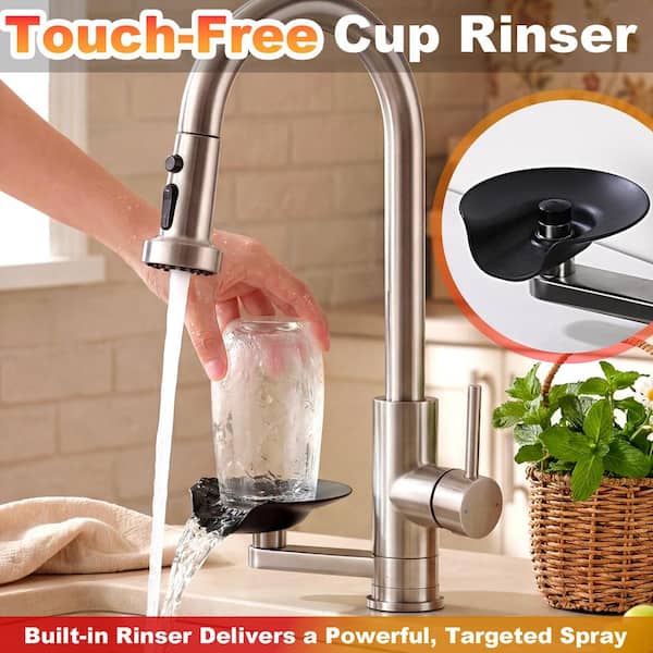 17.7 in. Single-Handle 3-in-1 Kitchen Faucet with Pull-Down Sprayer and Press-Type Glass Rinser in Brushed Nickel