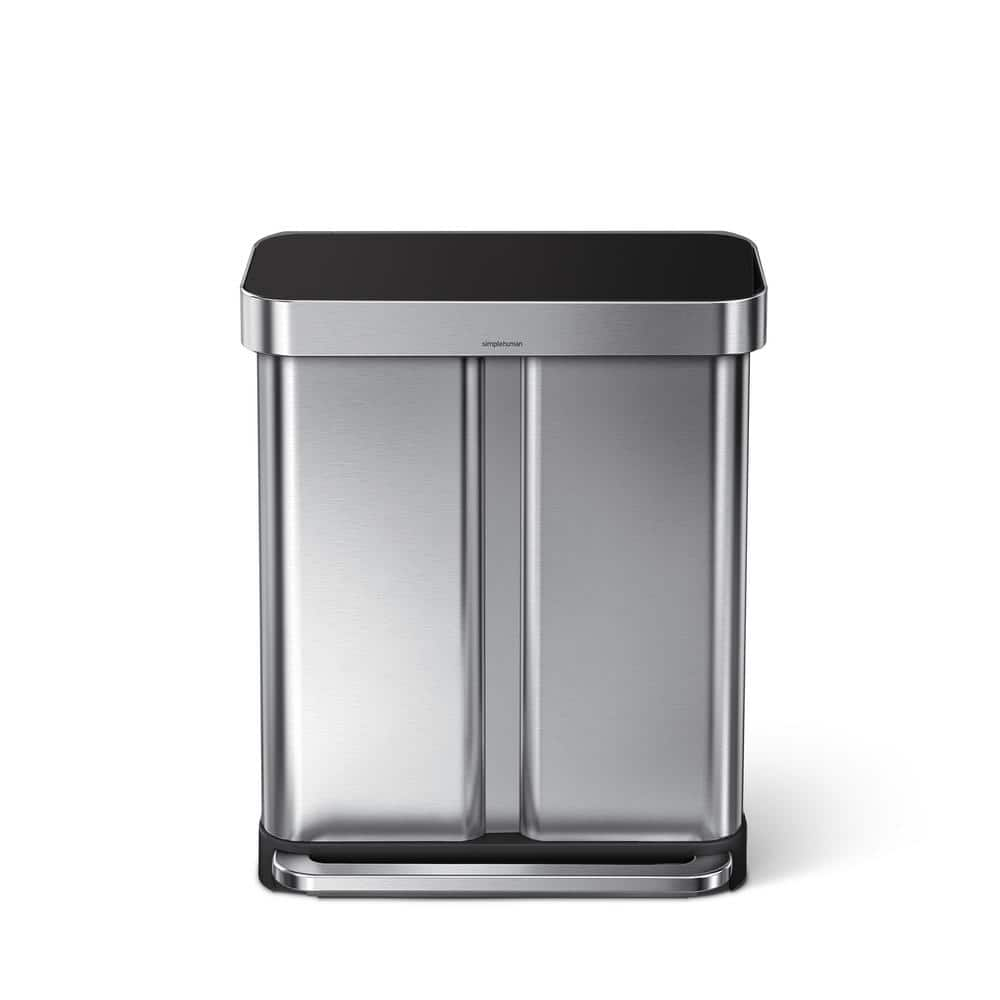 simplehuman 58 Liter Rectangular Dual Compartment Step Trash Can with Black Plastic Lid, Brushed Stainless Steel