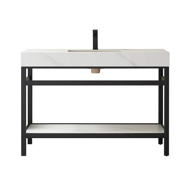 Funes 48 in. W x 22 in. D x 33.9 in. H Single Sink Bath Vanity in Matt Black Metal Stand with White Sintered Stone Top