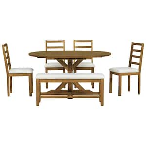 6-Piece Farmhouse Dark Brown Extendable Wood Top Dining Room Set Seats 5