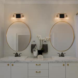 14 in. Modern 2-Light Brass Gold Bathroom Vanity Light, Pumpkin-Shaped Clear Glass Bath Lighting Black Wall Sconce