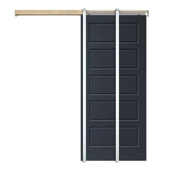 CALHOME Charcoal Gray 30 in. x 80 in. Painted Composite MDF 5PANEL Interior Sliding Door with Pocket Door Frame and Hardware Kit