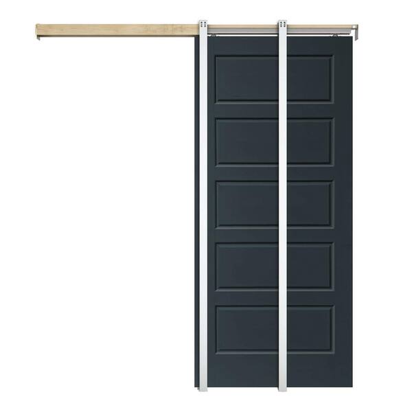 CALHOME Charcoal Gray 36" x 80"  Painted Composite MDF 5PANEL Interior Sliding Door with Pocket Door Frame and Hardware Kit