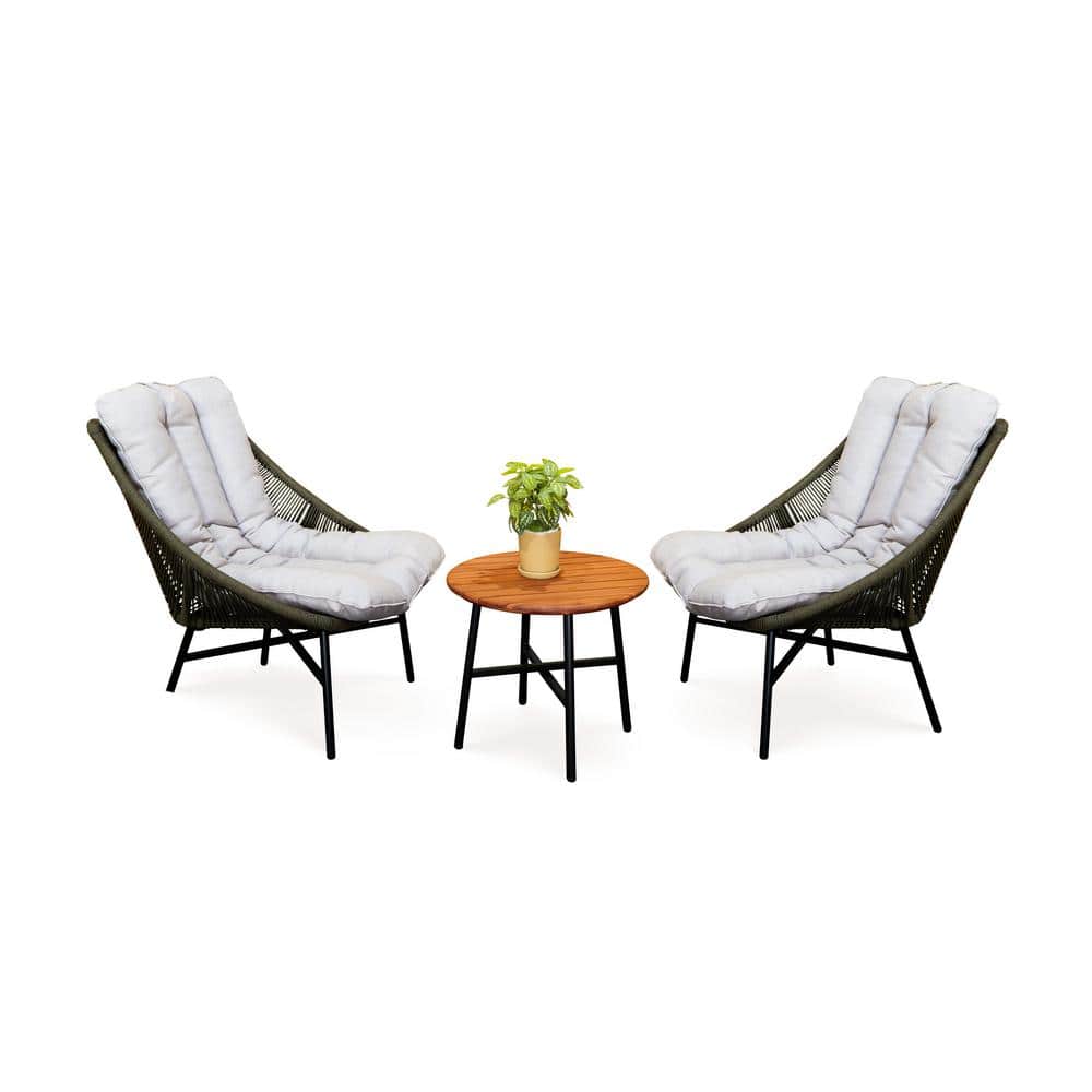 Billund 3-Piece Olive Green Wicker Round Outdoor Bistro Set with Light Grey