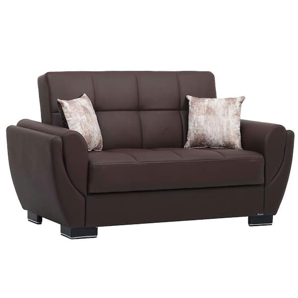 Ottomanson Basics Air Collection Convertible 63 in. Brown Faux Leather 2-Seater Loveseat with Storage