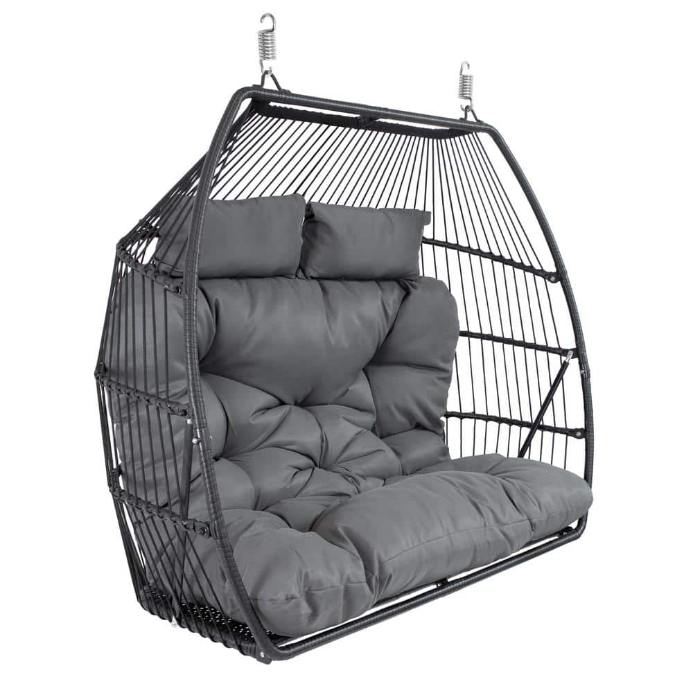 Dark Gray Polyrattan Double Hanging Egg Chair with Cushions