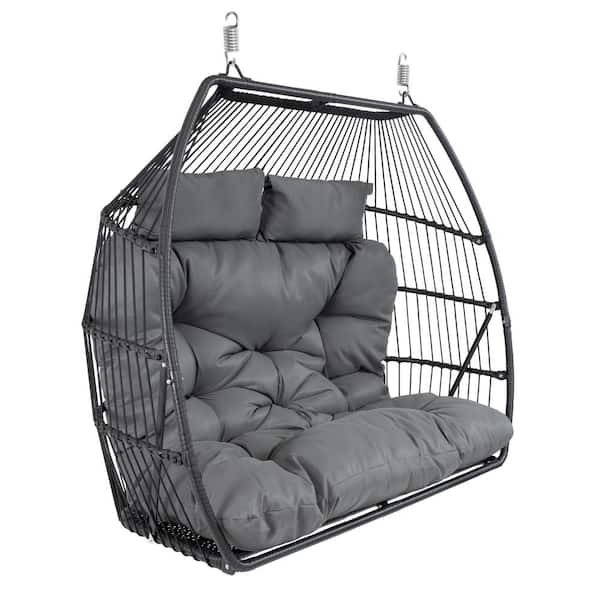 Sunnydaze Plastic Polyrattan Andrei Double Egg Chair Patio Swing with Polyester Cushion - Dark Gray