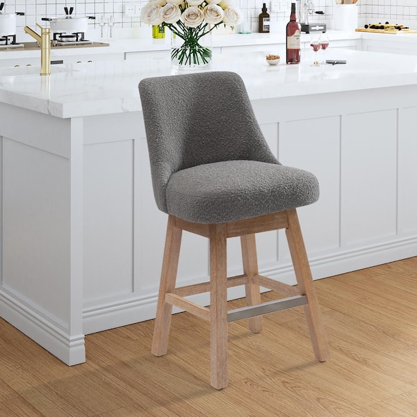 26 in. Stain Resistant Boucle Upholstered Counter Height Wood Frame Swivel Bar Stool in Gray