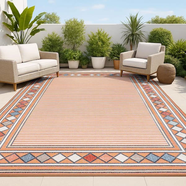 Sebastian Approximate Rug Size (3 x 5 ft.) High-Low Modern Orange/Ivory Diamond Border Indoor/Outdoor Area Rug