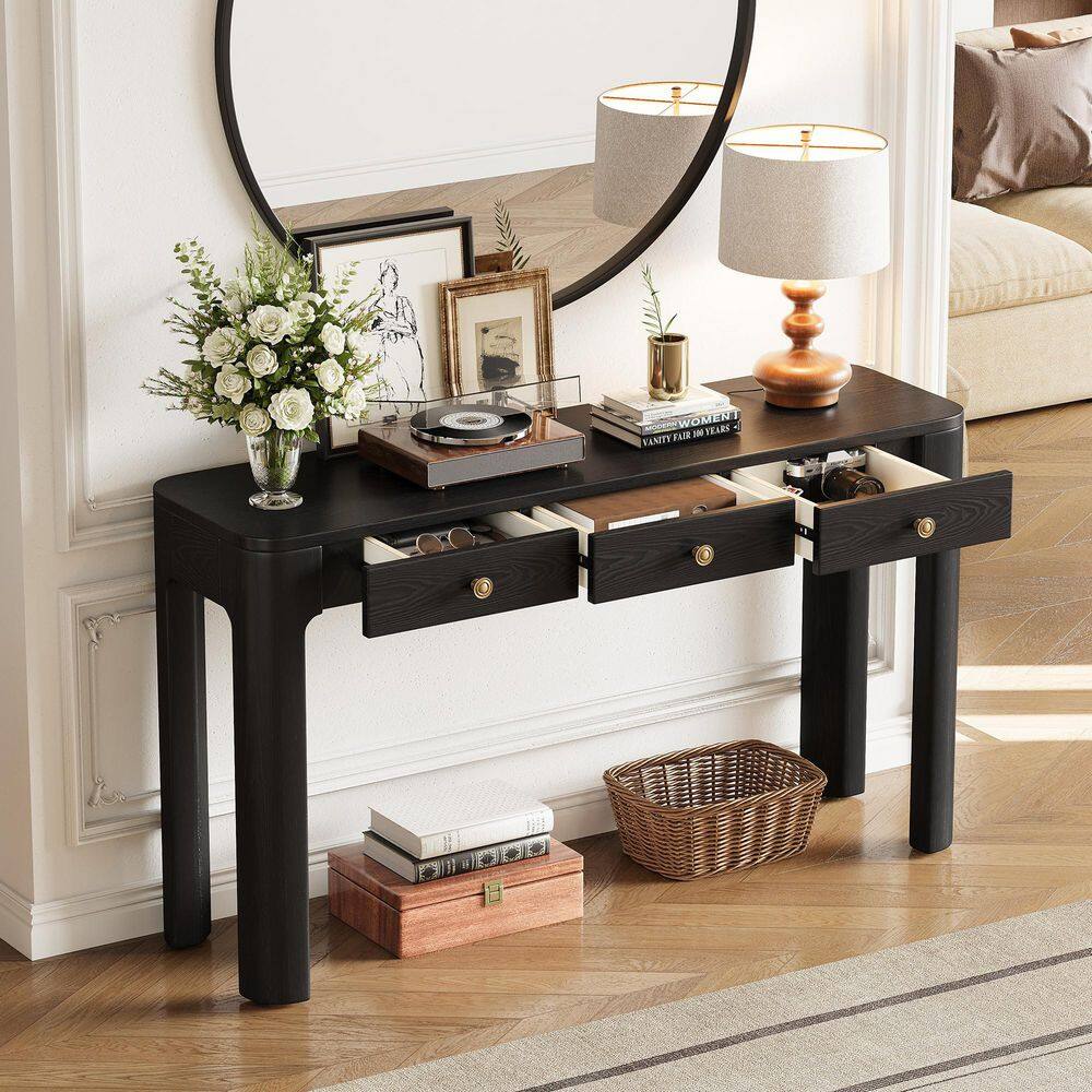 Rustic 52 in. Black Rectangle Wood Console Table with Curved Corners, Entryway Table with 3 Drawers price history on PriceWatchPro