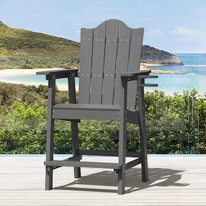Felder Dark Gray Recycle Ply Weather Resistant Tall Plastic Adirondack Outdoor Bar Stool With Cup Holder For Patio Pool