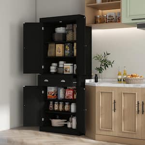 Kitchen Pantry 72 in. Accent Cabinet Office Storage Cabinet with 3-Adjustable Shelves and 4-Doors, Black Wood Grain