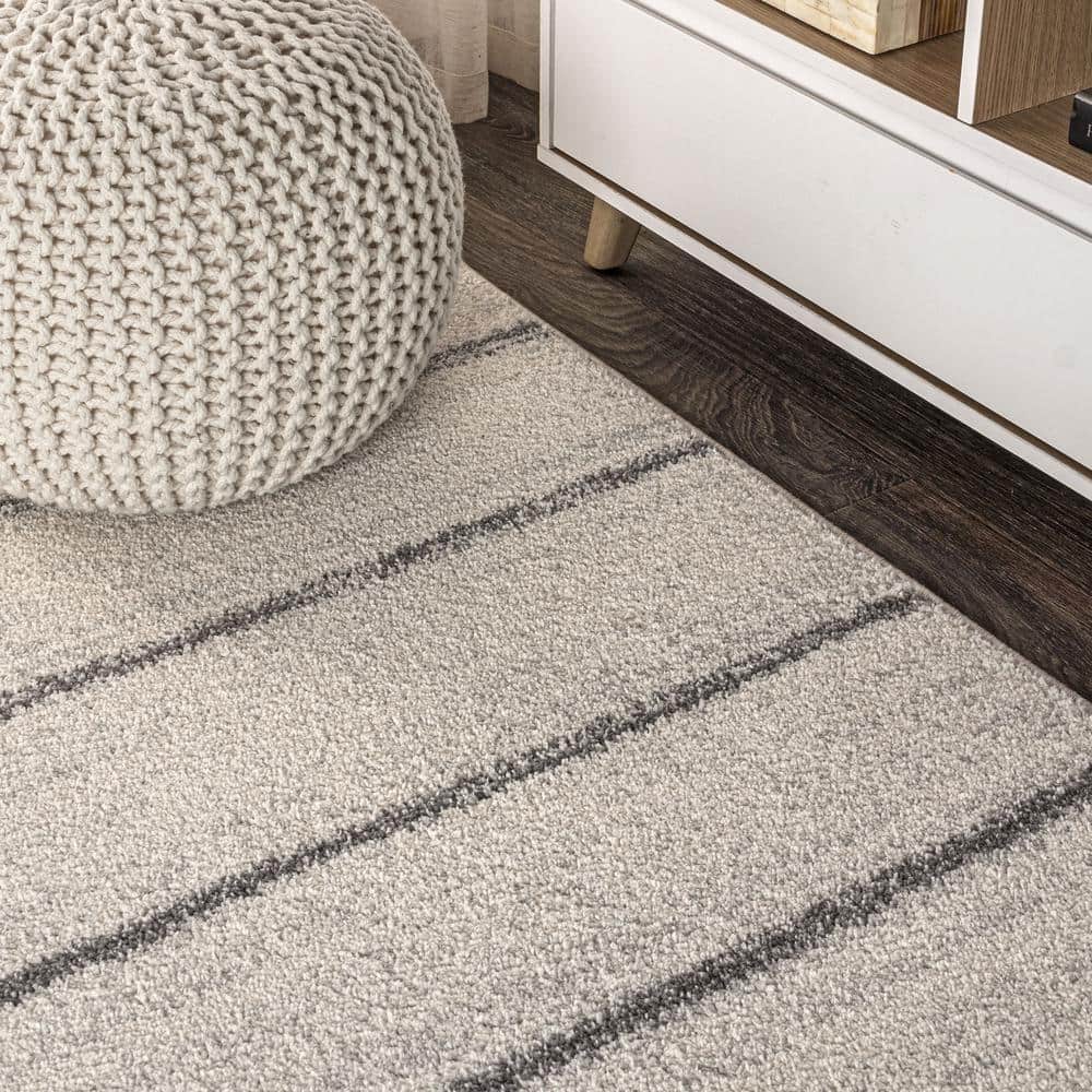 Cream and Gray Striped Synthetic 4' x 6' Area Rug