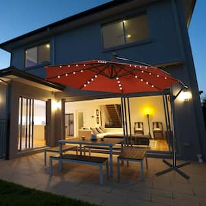 10 ft. Aluminum Cantilever Solar Tilt Patio Umbrella in Orange with LED Lights and Stand