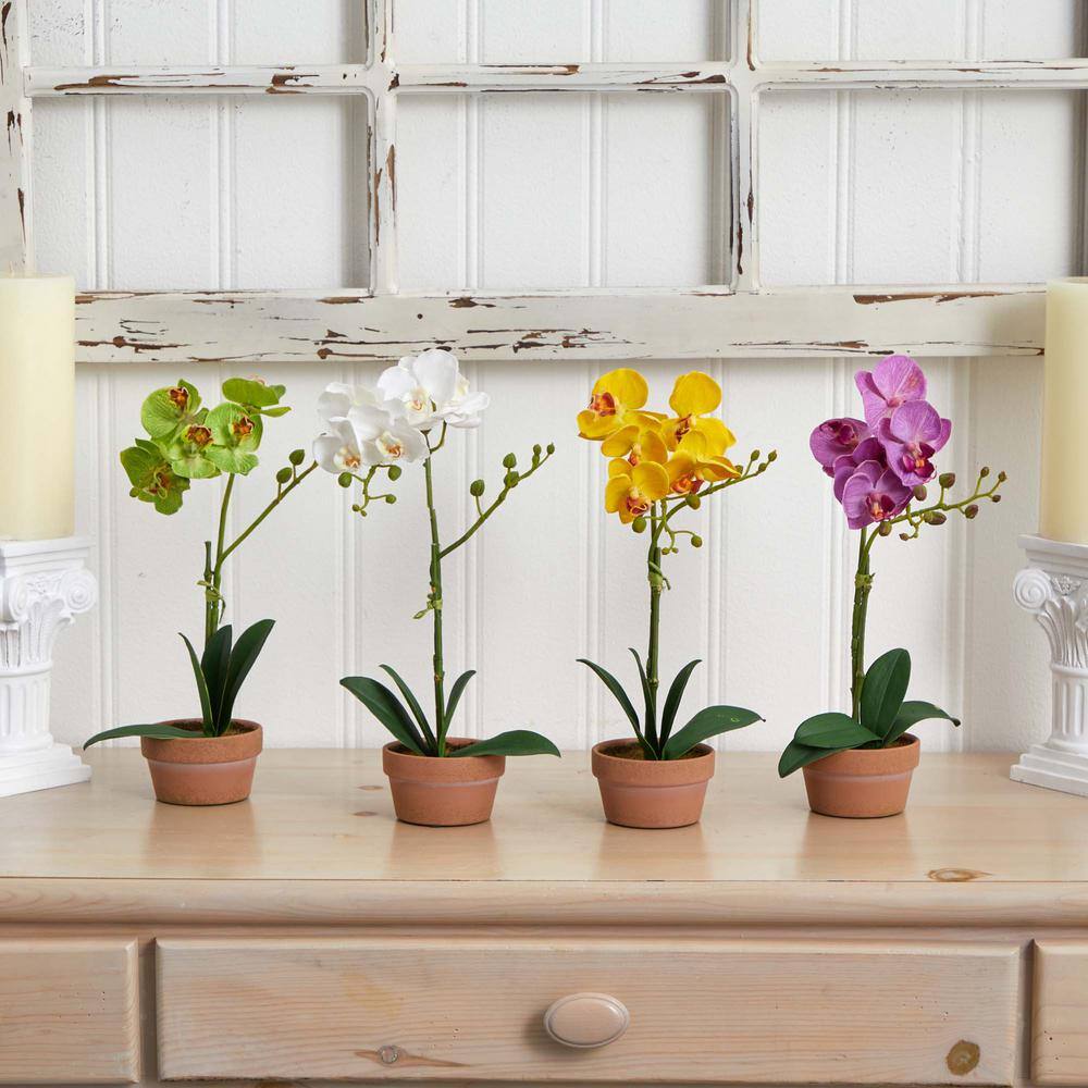 Set of 4 Multicolor Faux Orchid Plants in Clay Pots