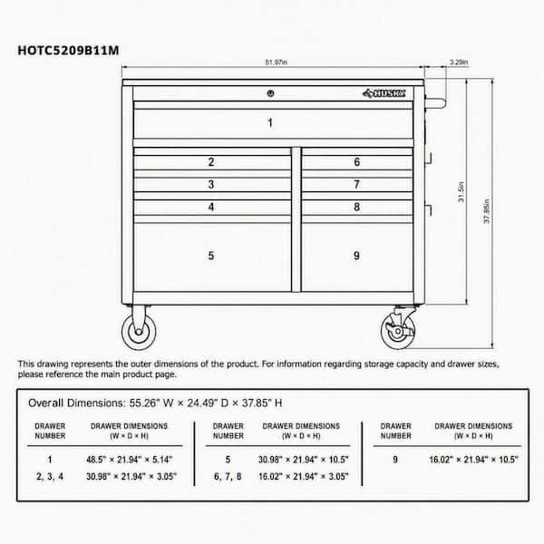 Husky 52 in. W x 25 in. D 9-Drawer Gloss Black Mobile Workbench