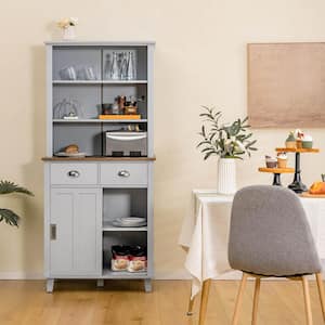 67 in. H Gray Kitchen Pantry Dining Hutch Storage Cabinet with Buffet Cupboard, Sliding Door