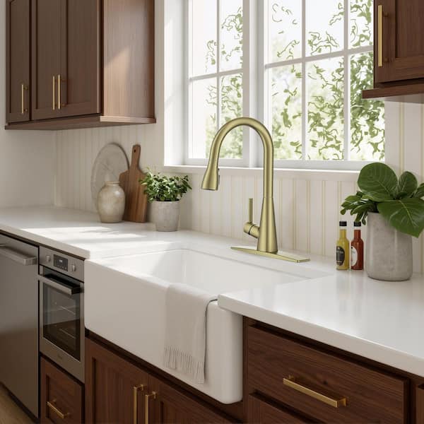 Gooseneck Single Handle Pull Down Sprayer Kitchen Faucet with Deck Plate and Flexible Hose Pull Out Spout in BrushedGold