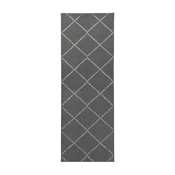 My Magic Carpet Medina Moroccan Diamond Grey 2.5 ft. x 7 ft. Trellis Washable Runner Rug