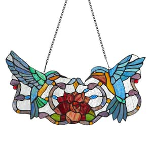 Multi-Colored Stained Glass Hummingbird Floral Window Panel