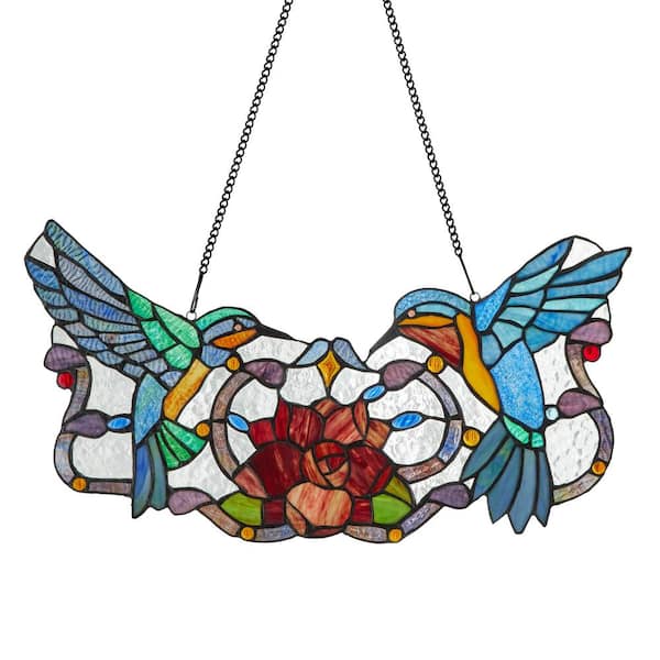 River of Goods Multi-Colored Stained Glass Hummingbird Floral Window Panel