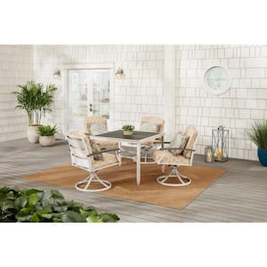 Marina Point 5-Piece White Steel Outdoor Dining Set with CushionGuard Toffee Trellis Cushions and Painted Steel Tabletop