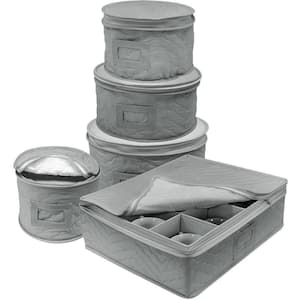 Cup and Plate Storage Organizer Gray Polyester Dinnerware Storage with Zip lock lid 5 Pack