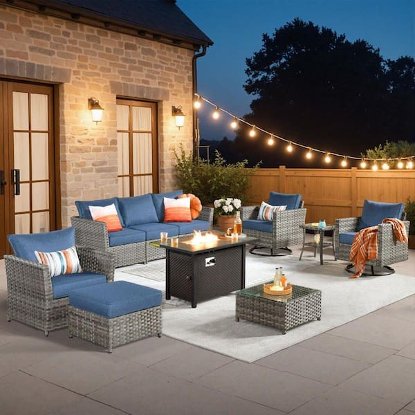 Eufaula Gray 10-Piece Wicker Patio Fire Pit Conversation Sofa Set with Swivel Rocking Chairs and Denim Blue Cushions