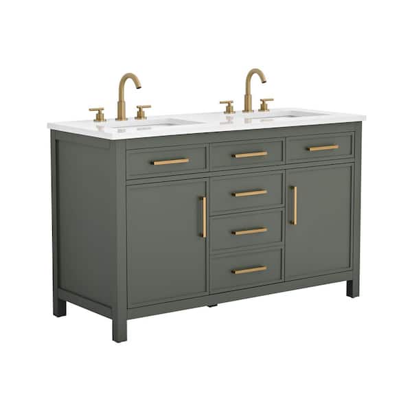 Cooper 54 in. W Bath Vanity in Vintage Green with Engineered Stone Top in Ariston White with White Sinks