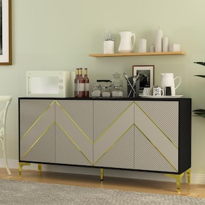 63 in. Paint Finish Sideboard Kitchen Cabinet Buffet and Hutch in Phnom Penh Wavy Design With Adjustable Shelves