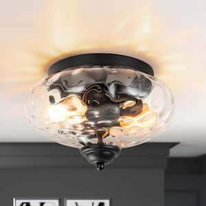 Avah 10.23 in. 2-Lights Black Flush Mount with Class Shade