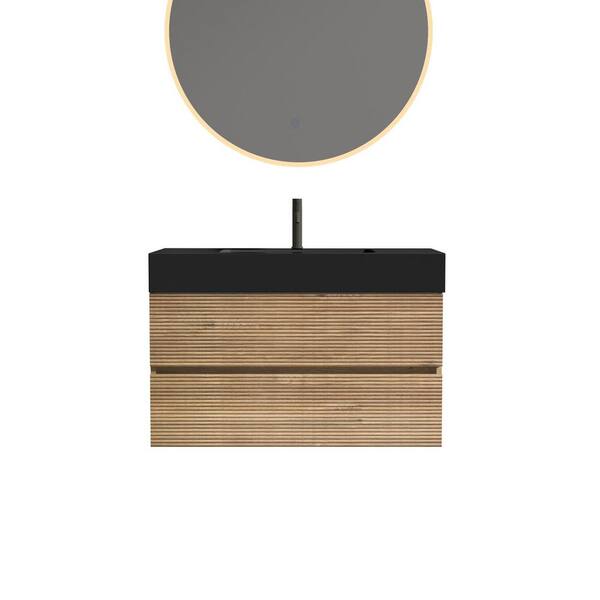 36 in. Wall Mounted Oak Bath Vanity with Black solid surface Top Unassembled