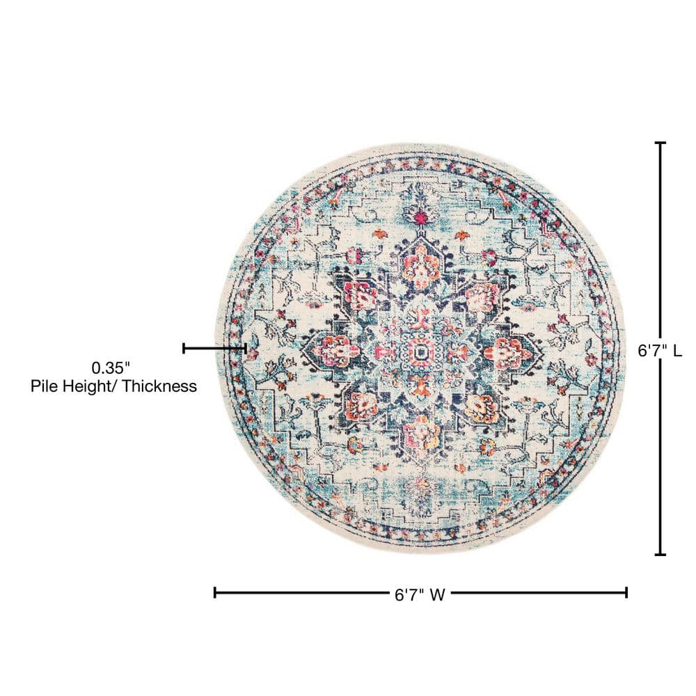 Hand-Knotted Cream and Blue Round Synthetic Rug