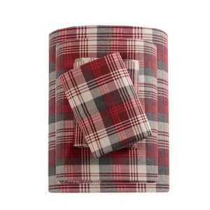 Cotton Flannel 4-Piece Red Plaid Cal King Sheet Set